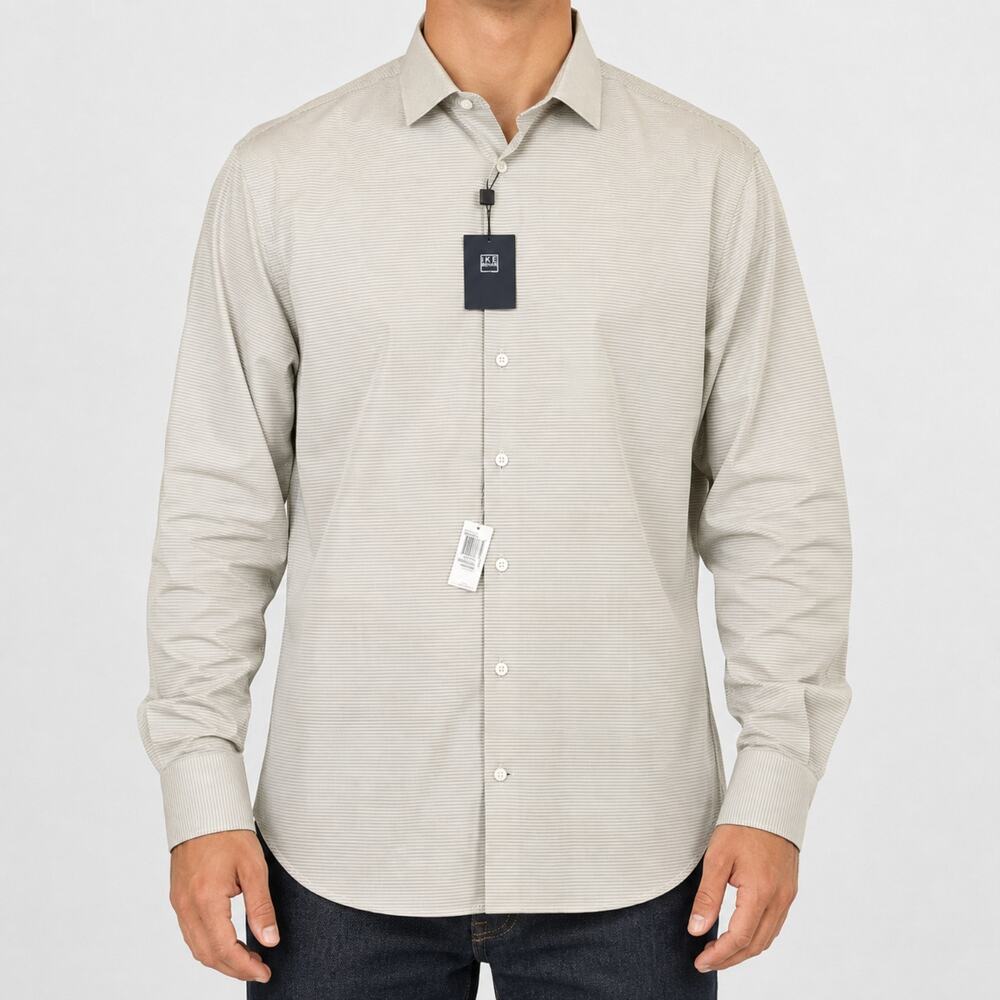 NEW Ike Behar Dress Shirt Mens 17.5 Medium Beige Long Sleeve 120s Two Ply